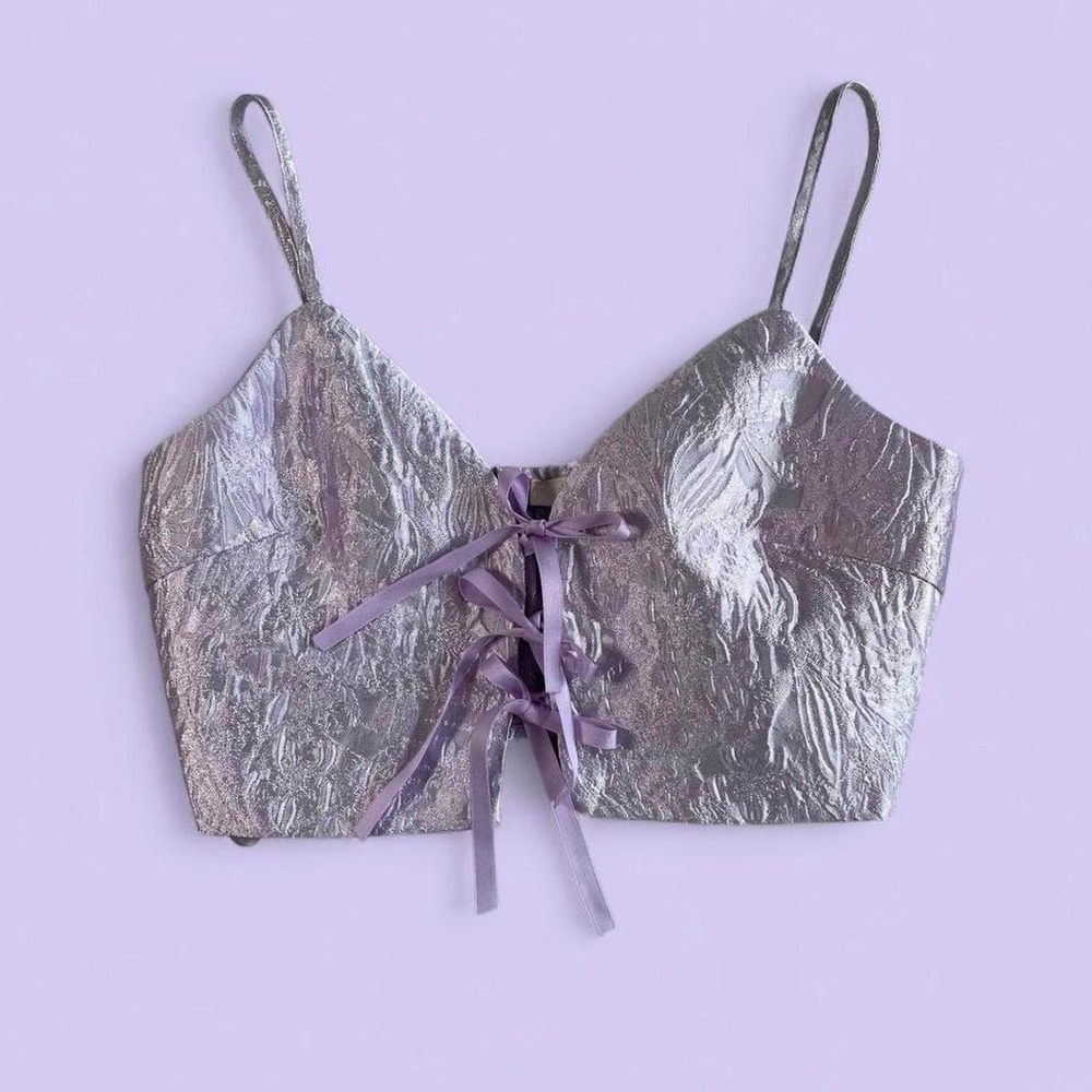 Mable Purple Metallic Lace Up Cami Crop Top Fairycore Y2K Women's Small Party - Picture 2 of 8